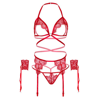 LEG AVENUE - FOUR PIECES SET BRA, G-STRING, GARTER BELT & WRIST CUFFS ONE SIZE - WHITE