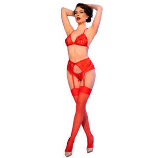 CHILIROSE - CR 4848 RED LACE BRA + THONG + STOCKINGS SET XL