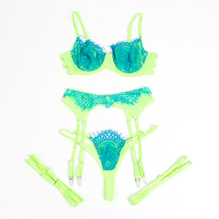 SUBBLIME - 955311 SET OF BRA WITH LACE AND GARTER LINES GREEN AND BLUE S/M